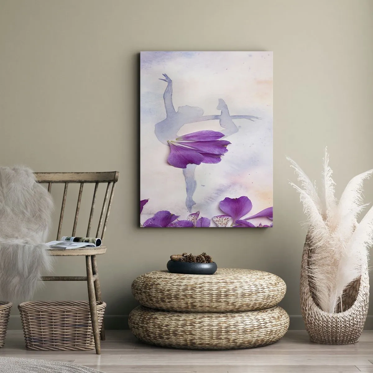 Impression sur toile - Image sur toile - Une danseuse en robe à pétales de fleurs sur fond pastel - 50x70cm - Délicat comme une fleur - Décoration murale moderne pour le salon et la chambre ARTTOR