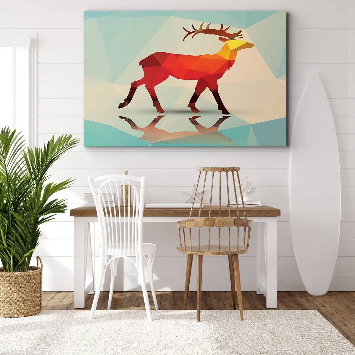 Impression sur toile - Image sur toile - Silhouette géométrique d'un cerf dans les tons de rouge et d'orange - 70x50cm - Cerf géométrique - Décoration murale moderne pour le salon et la chambre ARTTOR
