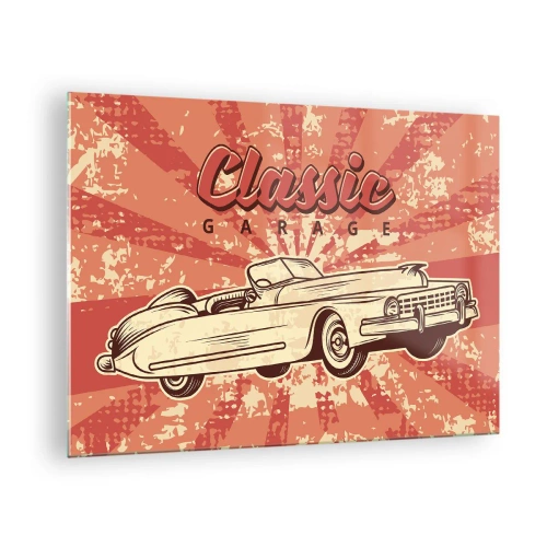 Impression sur verre - Image sur verre - Graphique rétro d'une voiture classique sur fond de rayons - 70x50cm - Et à la radio, Elvis - Décoration murale moderne pour le salon et la chambre ARTTOR
