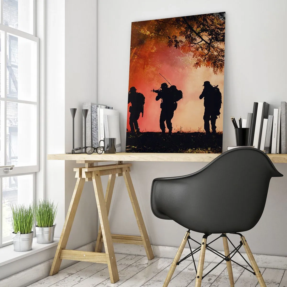Impression sur verre - Image sur verre - Silhouettes de soldats dans la forêt contre le ciel orange - 70x100cm - … Tous pour un. - Décoration murale moderne pour le salon et la chambre ARTTOR