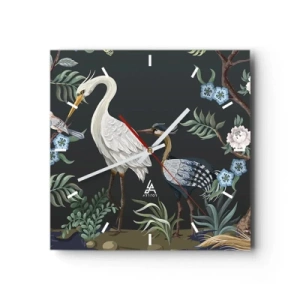 Horloge murale - Pendule murale - Oiseaux et plantes peints sur un fond sombre avec un motif élégant - 30x30cm - Parade d'oiseaux - Décoration murale moderne pour le salon et la chambre ARTTOR