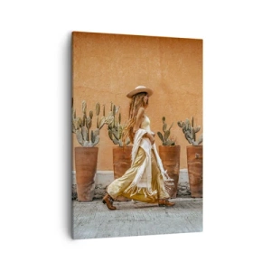 Impression sur toile - Image sur toile - Une femme dans un style bohème avec des pots de cactus en arrière-plan. - 50x70cm - Style hippie - Décoration murale moderne pour le salon et la chambre ARTTOR