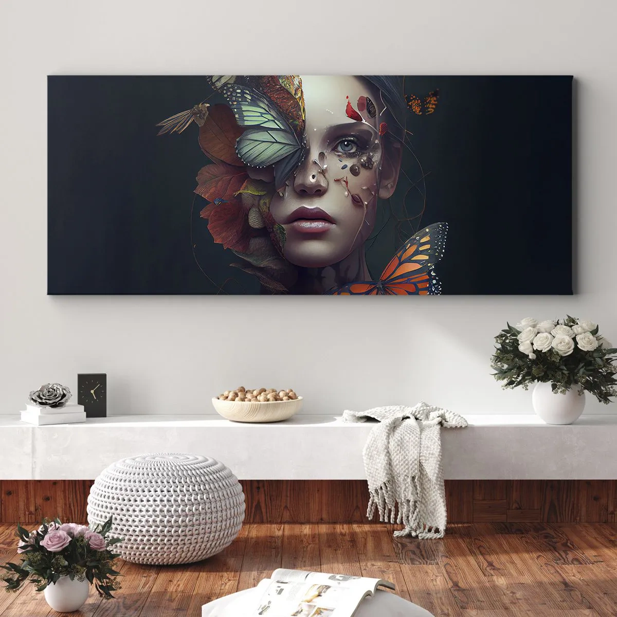 Impression sur toile - Image sur toile - Portrait d'une femme avec des papillons et des éléments végétaux - 160x50cm - Une merveilleuse métamorphose - Décoration murale moderne pour le salon et la chambre ARTTOR