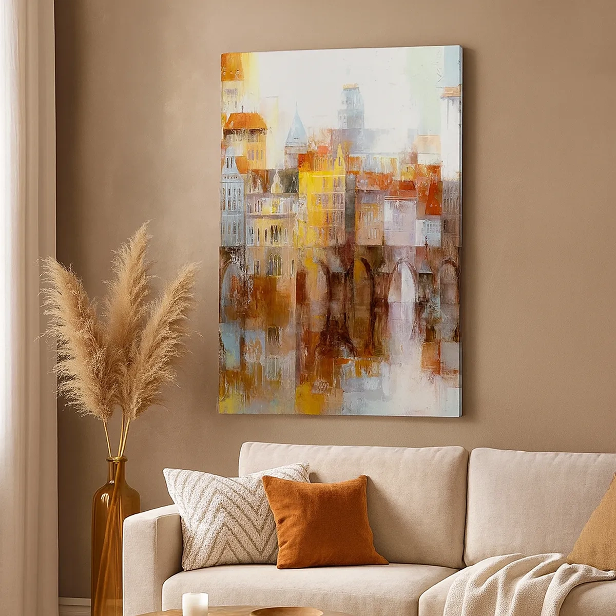 Impression sur toile - Image sur toile - Un panorama pittoresque de la ville avec un pont aux couleurs d'automne - 50x70cm - C'est aussi beau sous le pont - Décoration murale moderne pour le salon et la chambre ARTTOR