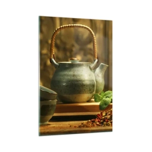 Impression sur verre - Image sur verre - Pichet en céramique avec tasses et thé séché - 80x120cm - Un traité sur la consommation de thé - Décoration murale moderne pour le salon et la chambre ARTTOR