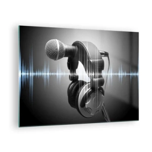 Impression sur verre - Image sur verre - Microphone avec casque sur fond d'ondes sonores - 70x50cm - Vous pouvez encore entendre son chant - Décoration murale moderne pour le salon et la chambre ARTTOR