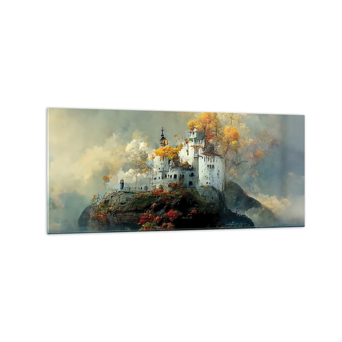 Impression sur verre - Image sur verre - Un château sur une colline entouré d'arbres d'automne - 120x50cm - Le début d'une histoire romantique - Décoration murale moderne pour le salon et la chambre ARTTOR