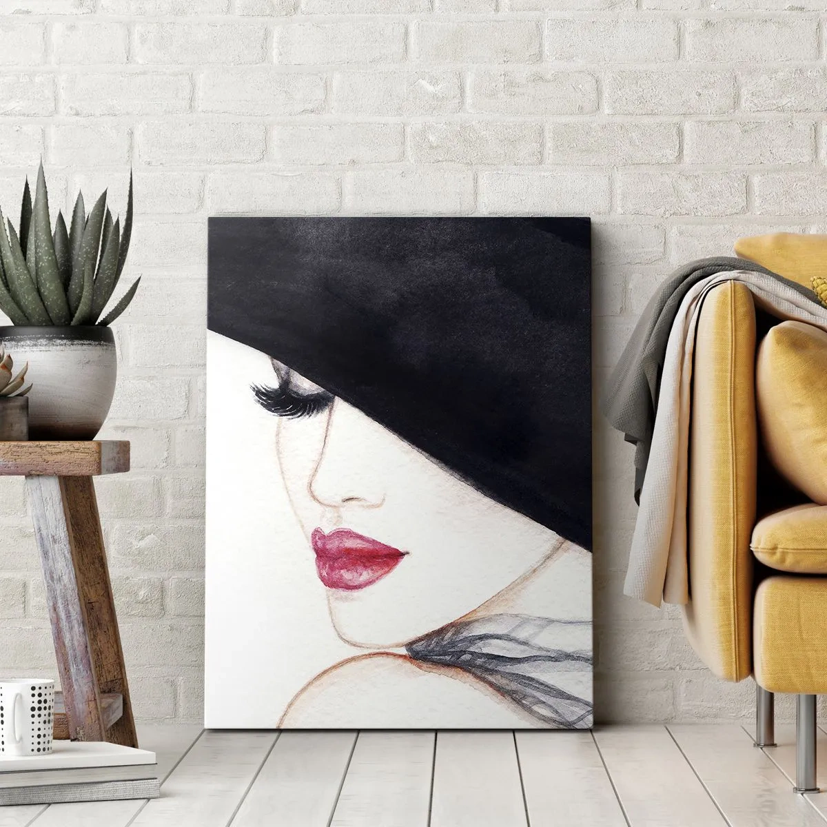 Impression sur toile - Image sur toile - Une illustration subtile d'une femme portant un chapeau noir et des lèvres rouges - 50x70cm - Élégance et sensualité - Décoration murale moderne pour le salon et la chambre ARTTOR