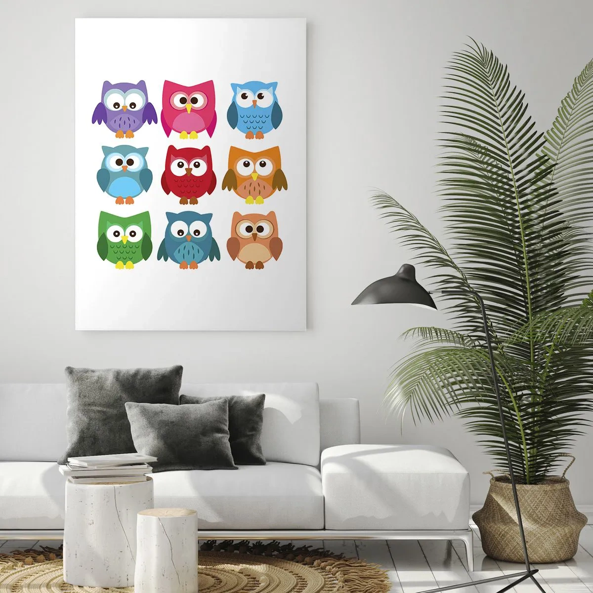 Impression sur verre - Image sur verre - Hiboux colorés dans un style dessin animé sur fond blanc - 50x70cm - C'est amusant d'être différent - Décoration murale moderne pour le salon et la chambre ARTTOR