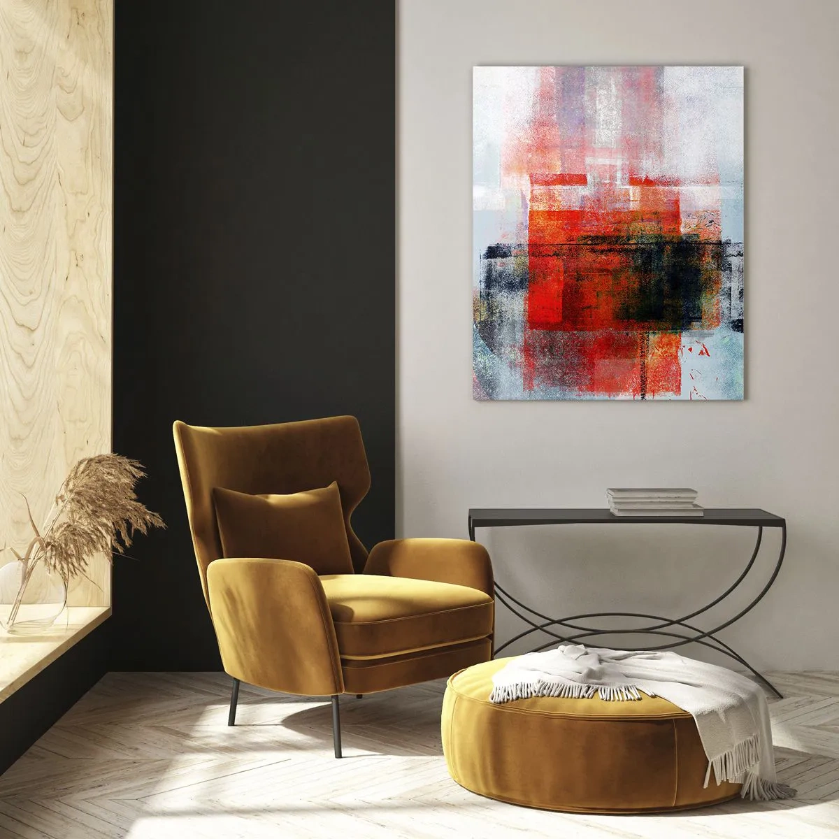 Impression sur verre - Image sur verre - Composition géométrique abstraite avec des accents rouges et oranges - 70x100cm - Composition embrasée - Décoration murale moderne pour le salon et la chambre ARTTOR