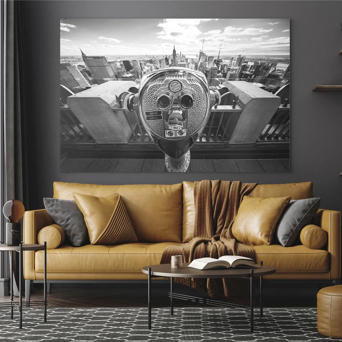 Impression sur verre - Image sur verre - Vue en noir et blanc de New York avec un télescope d'observation - 70x50cm - Ville sur les villes - Décoration murale moderne pour le salon et la chambre ARTTOR