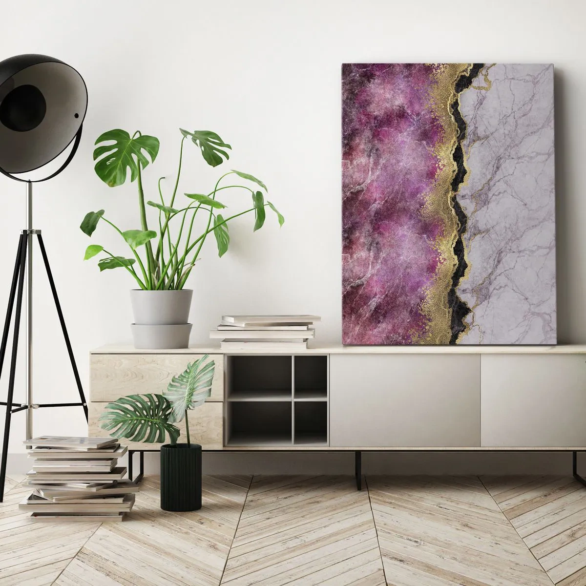 Impression sur toile - Image sur toile - Marbre abstrait dans des tons de rose avec des accents dorés - 50x70cm - À la frontière - Décoration murale moderne pour le salon et la chambre ARTTOR