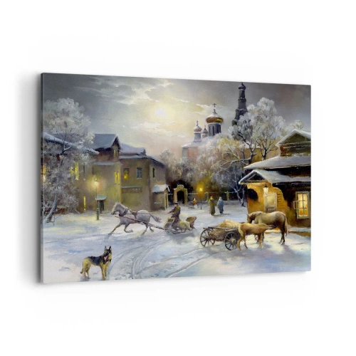 Impression sur toile - Image sur toile - Paysage d'hiver dans une ville russe avec un traîneau et une église - 100x70cm - La magie de l'hiver russe - Décoration murale moderne pour le salon et la chambre ARTTOR