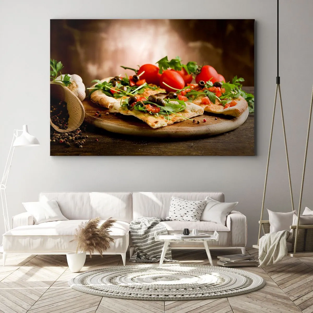 Impression sur toile - Image sur toile - Pizza aux légumes sur une planche en bois dans un style rustique - 100x70cm - Directement du four et du jardin - Décoration murale moderne pour le salon et la chambre ARTTOR