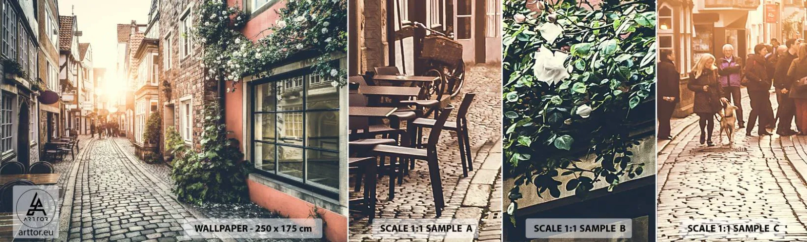 Échantillon de Papier Peint Autocollant Deluxe Sticker - Allée de roses en lueur rose - Ville, Pays-Bas, Architecture - 100x30 cm