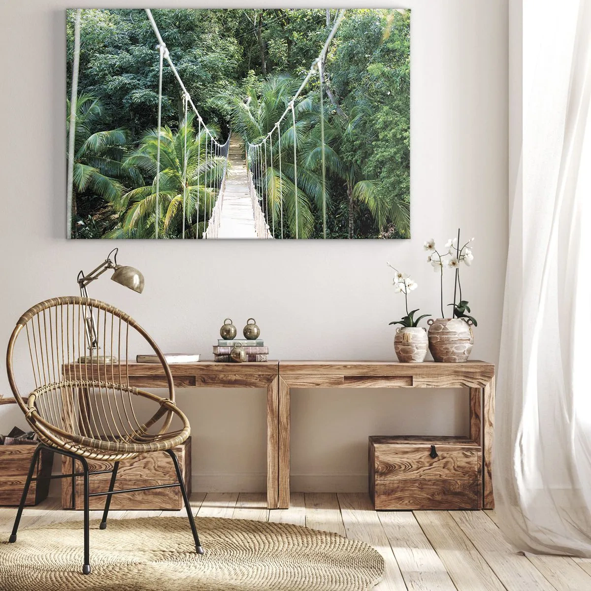 Impression sur toile - Image sur toile - Un pont suspendu dans une jungle tropicale pleine de verdure - 120x80cm - Welcome to the jungle! - Décoration murale moderne pour le salon et la chambre ARTTOR