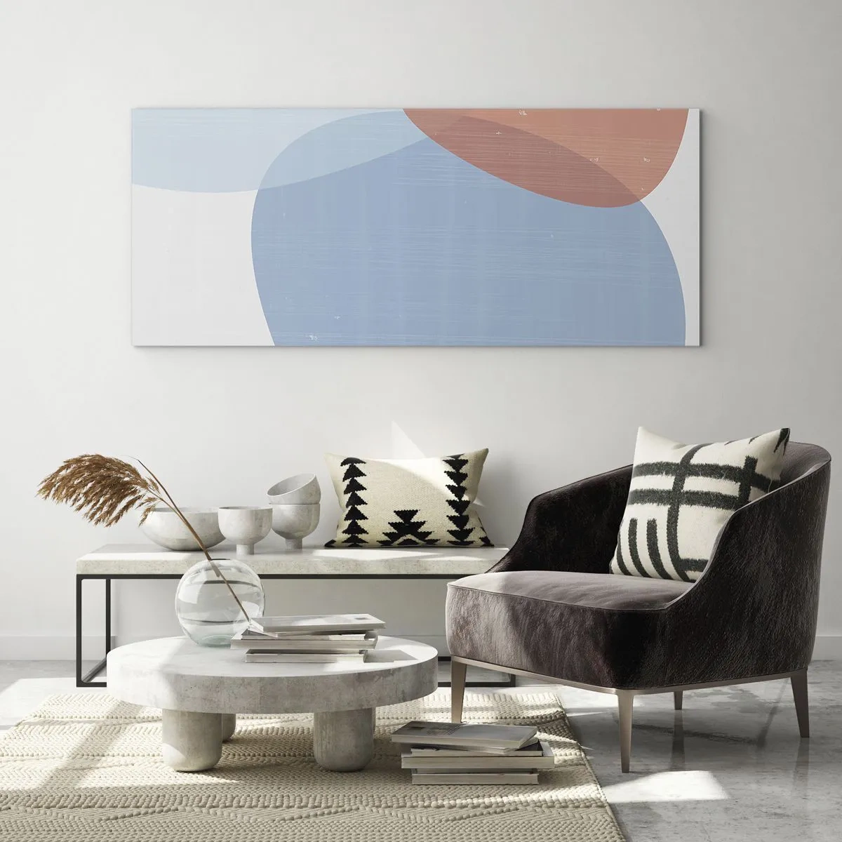 Impression sur verre - Image sur verre - Une composition abstraite dans des tons pastel de bleu et de rose avec des formes organiques. - 160x50cm - Relations pastel - Décoration murale moderne pour le salon et la chambre ARTTOR