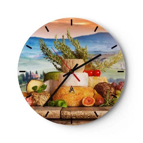 Horloge murale - Pendule murale - Plateau de fromages avec accompagnements sur fond de paysage - 30x30cm - La joie de vivre à l'italienne - Décoration murale moderne pour le salon, la cuisine et la chambre ARTTOR