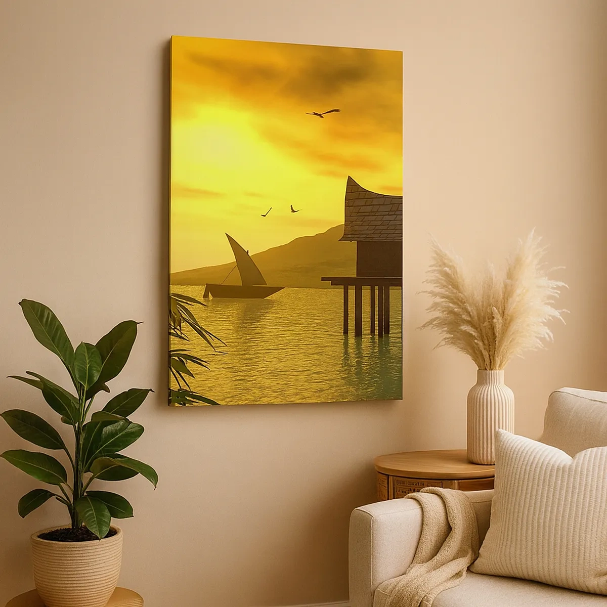 Impression sur toile - Image sur toile - Coucher de soleil tropical sur l'eau avec une maison en bois sur pilotis. - 50x70cm - La paix tant désirée - Décoration murale moderne pour le salon et la chambre ARTTOR