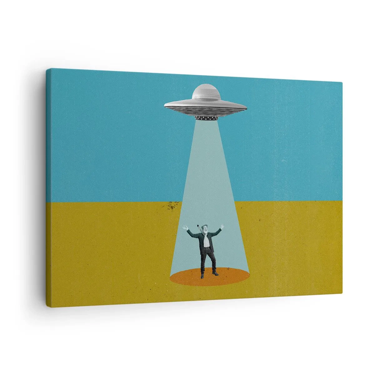Impression sur toile - Image sur toile - Un homme à la lumière d'un OVNI sur fond de paysage coloré - 70x50cm - Rencontre proche - Décoration murale moderne pour le salon et la chambre ARTTOR