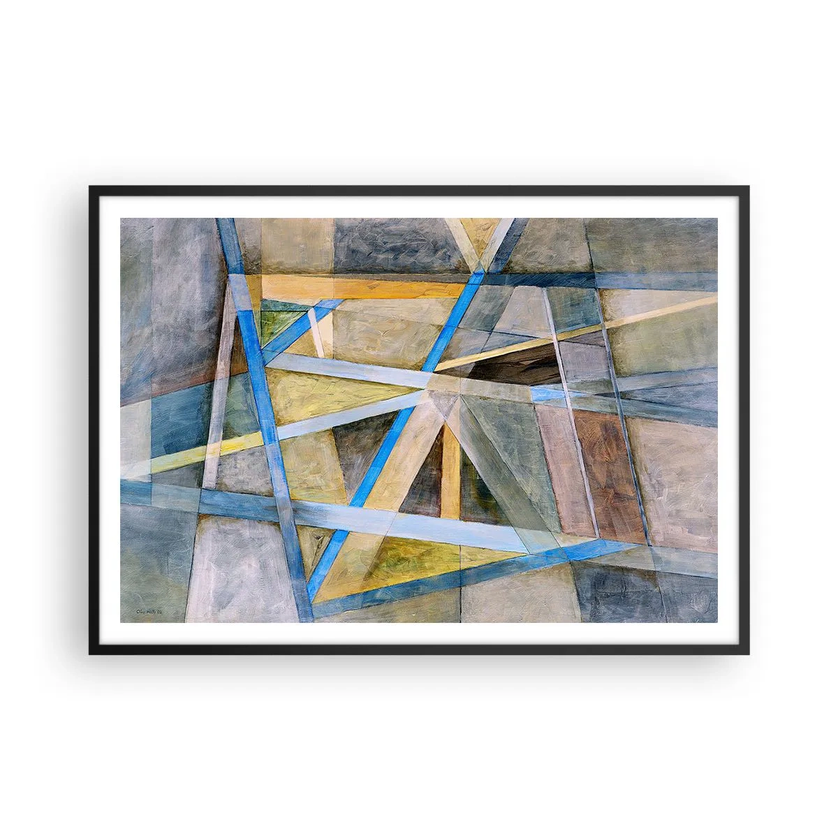 Affiche dans un cadre noir - Poster - Composition géométrique avec des lignes claires et bleues - 100x70cm - Tout droit ou en diagonale ? - Décoration murale moderne pour le salon et la chambre ARTTOR
