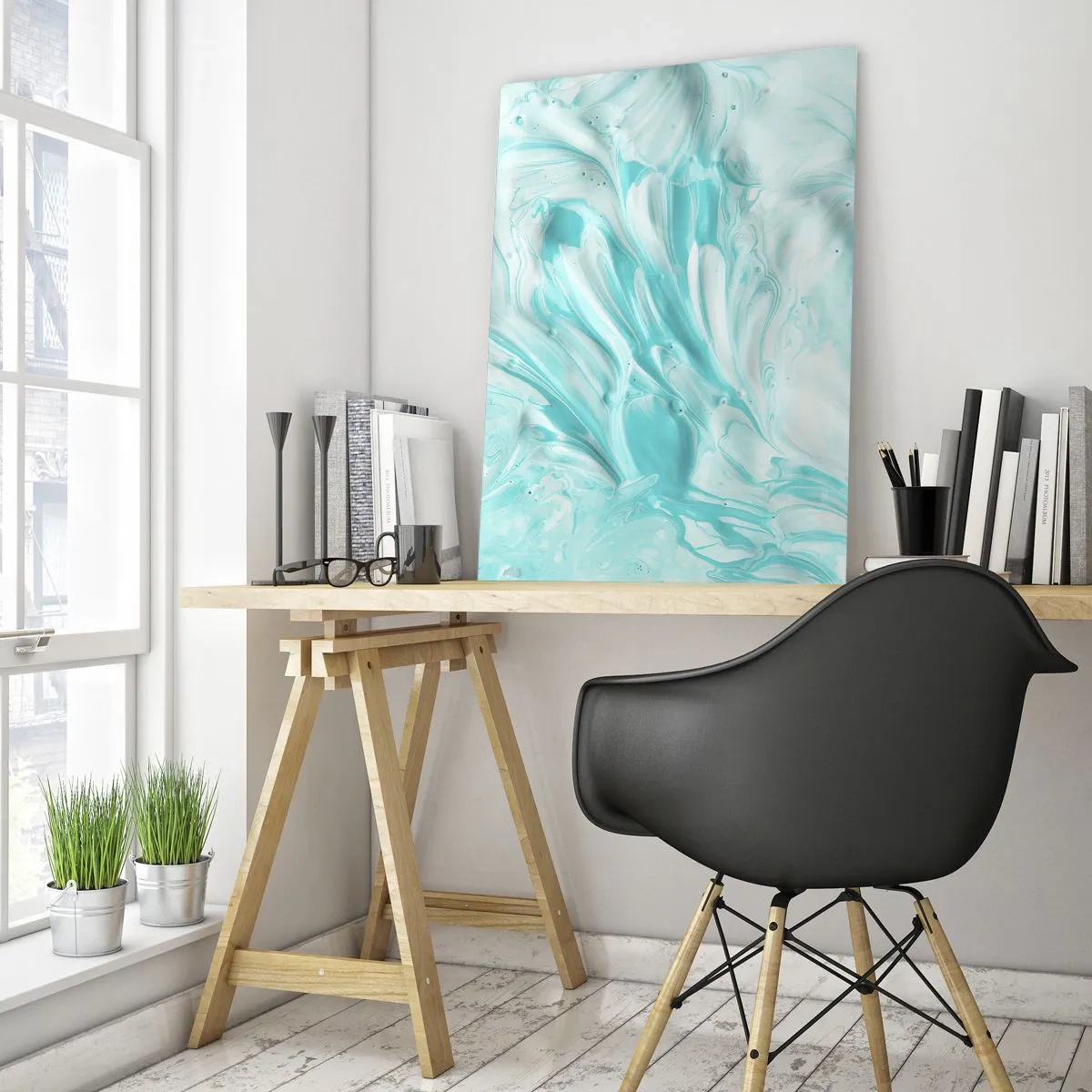 Impression sur verre - Image sur verre - Motifs abstraits bleus et blancs ressemblant à un mouvement ondulatoire - 50x70cm - Ensemble pour toujours - Décoration murale moderne pour le salon et la chambre ARTTOR