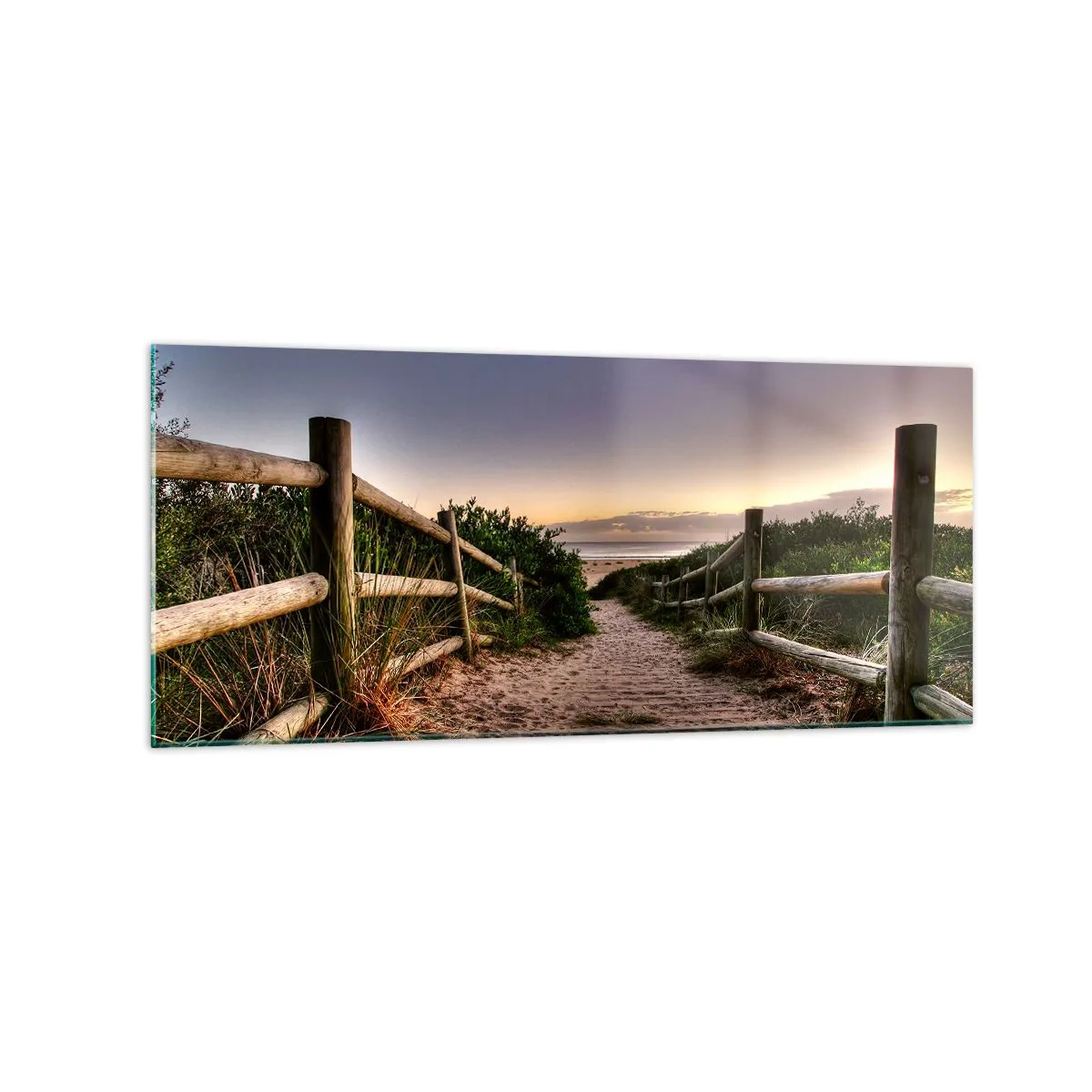 Impression sur verre - Image sur verre - Chemin en bois dans les dunes menant à la plage au coucher du soleil - 120x50cm - On voit déjà le but - Décoration murale moderne pour le salon et la chambre ARTTOR