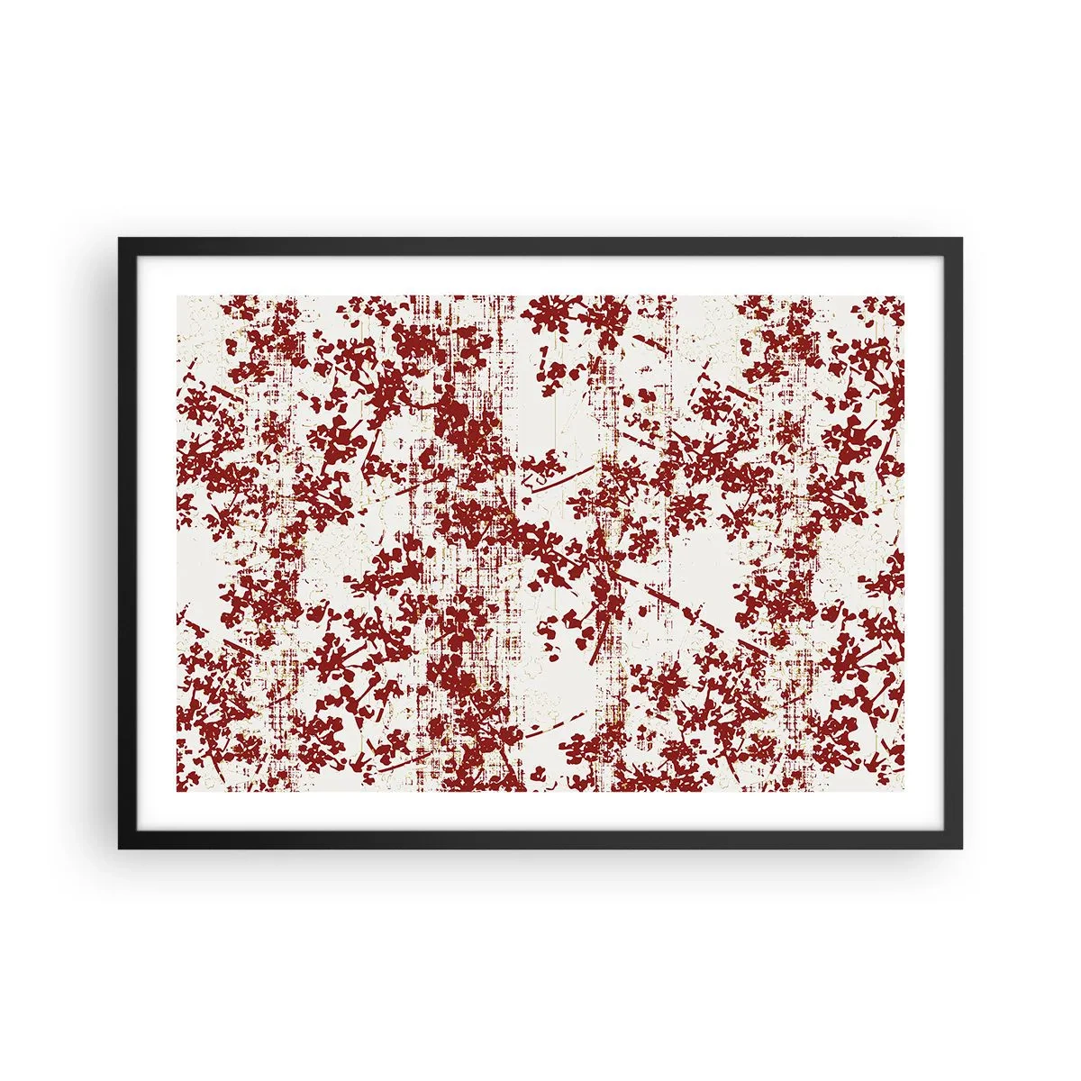 Affiche dans un cadre noir - Poster - Fleurs rouges sur fond blanc dans un style artistique - 70x50cm - Comme un calicot ancien - Décoration murale moderne pour le salon et la chambre ARTTOR