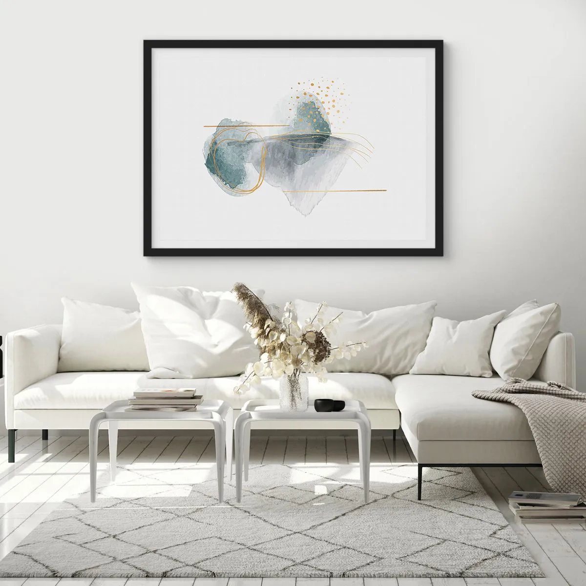 Affiche dans un cadre noir - Poster - Une composition abstraite dans des tons turquoise et or. - 100x70cm - À propos de la relation entre le gris et l'or - Décoration murale moderne pour le salon et la chambre ARTTOR