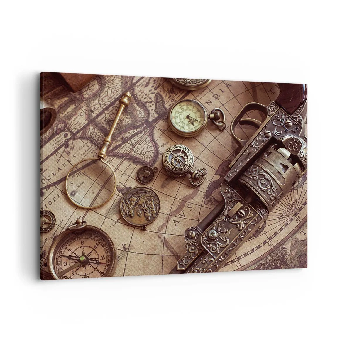 Impression sur toile - Image sur toile - Objets anciens sur une vieille carte dans un style rétro - 100x70cm - L'aventure appelle - Décoration murale moderne pour le salon et la chambre ARTTOR