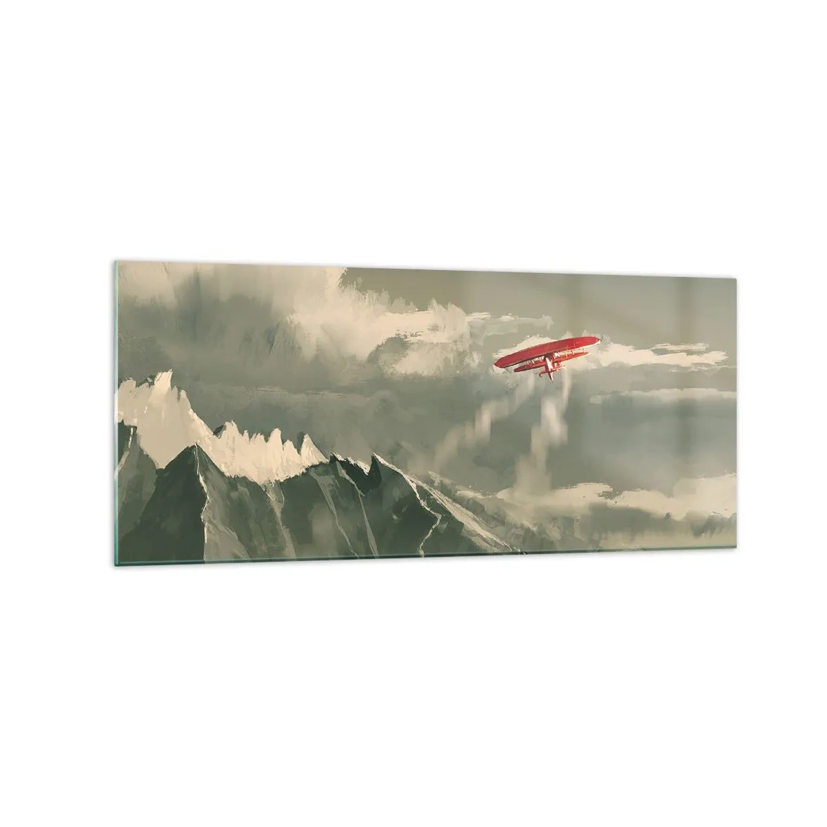 Impression sur verre - Image sur verre - Avion rouge au-dessus des montagnes enneigées - 120x50cm - Pionnier intrépide - Décoration murale moderne pour le salon et la chambre ARTTOR