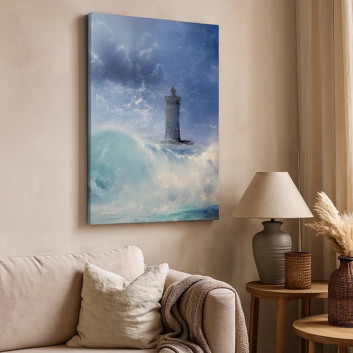 Impression sur toile - Image sur toile - Un phare entouré de vagues agitées et de nuages - 50x70cm - En garde contre les éléments - Décoration murale moderne pour le salon et la chambre ARTTOR