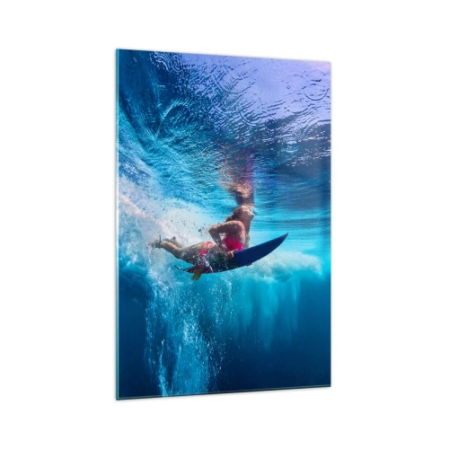 Impression sur verre - Image sur verre - Un surfeur sous l'eau dans une composition dynamique aux tons bleus. - 70x100cm - Joie profonde - Décoration murale moderne pour le salon et la chambre ARTTOR