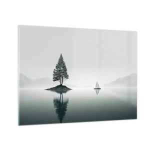 Impression sur verre - Image sur verre - Un arbre solitaire sur une île et un voilier sur un lac calme - 70x50cm - Un rêve somnolent - Décoration murale moderne pour le salon et la chambre ARTTOR