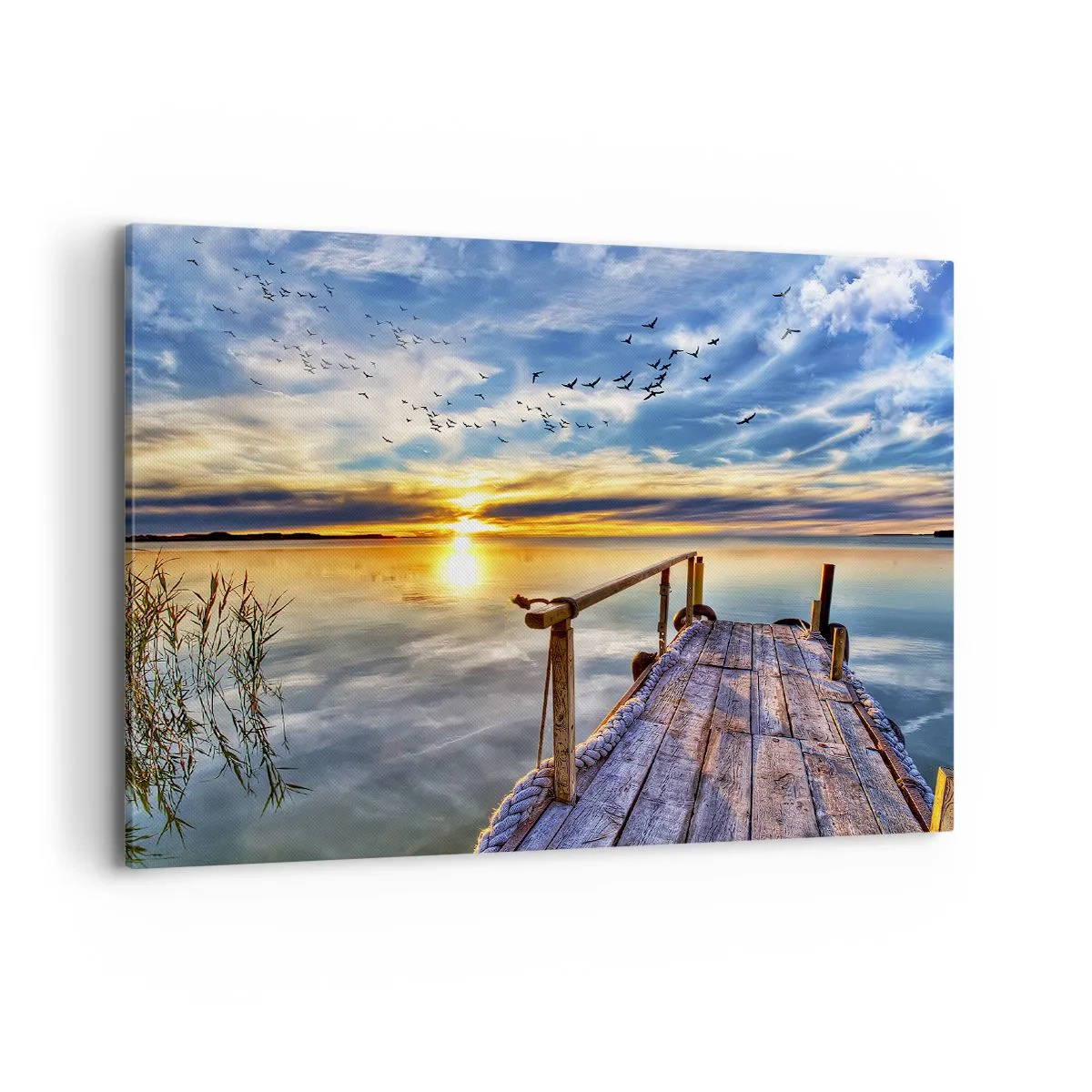 Impression sur toile - Image sur toile - Jetée en bois sur le lac au coucher du soleil - 100x70cm - Le vent se repose - Décoration murale moderne pour le salon et la chambre ARTTOR