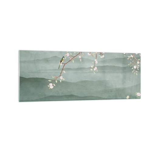 Impression sur verre - Image sur verre - Une image pittoresque d'une branche d'arbre en fleurs avec des oiseaux sur fond de collines verdoyantes. - 140x50cm - Printemps oh c'est toi - Décoration murale moderne pour le salon et la chambre ARTTOR