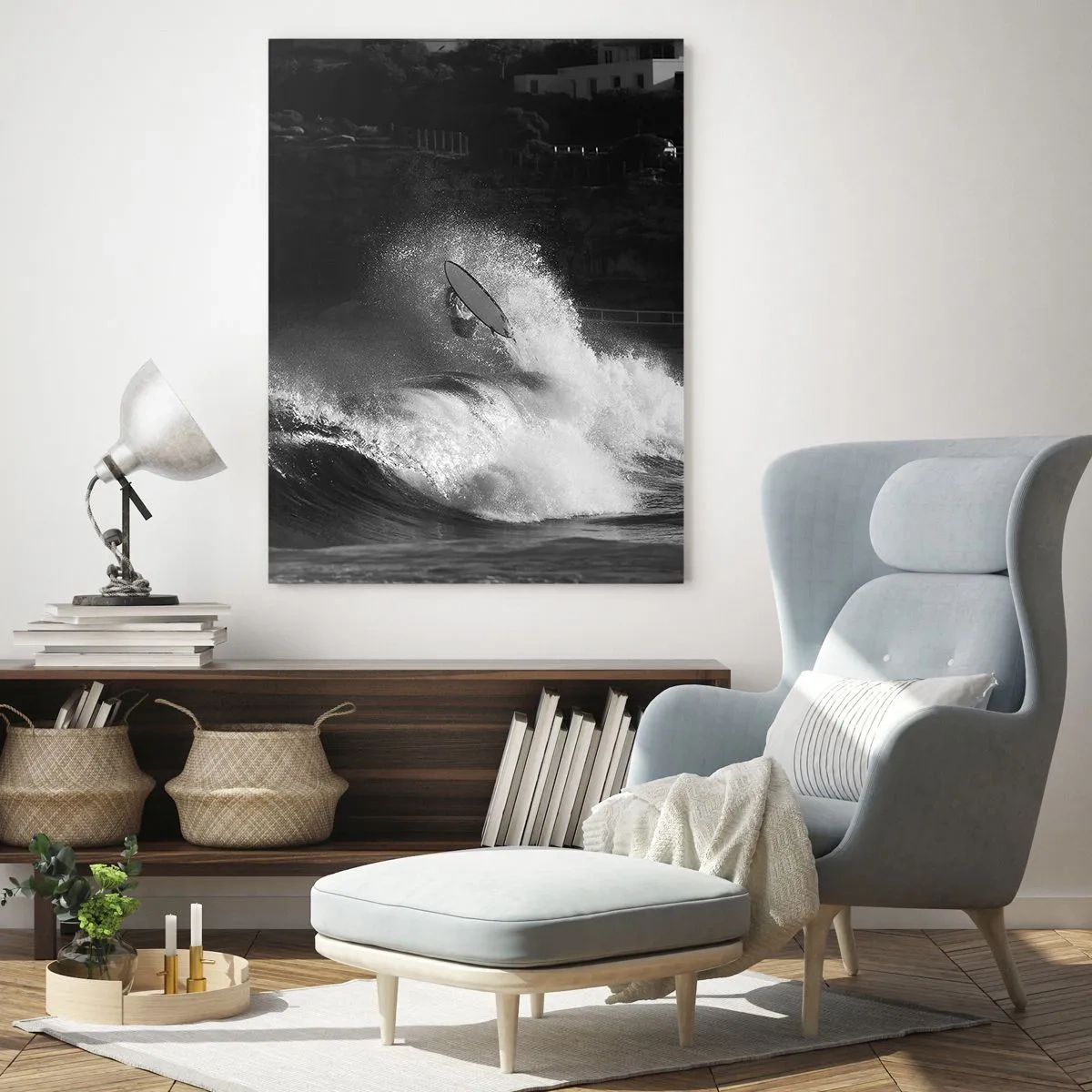 Impression sur verre - Image sur verre - Un surfeur sur une vague en monochrome - 70x100cm - Défi accepté! - Décoration murale moderne pour le salon et la chambre ARTTOR