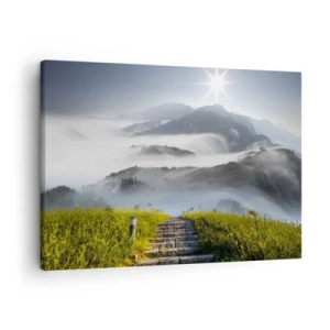 Impression sur toile - Image sur toile - Escaliers en pierre menant à travers les montagnes enveloppées de brume matinale - 70x50cm - Toujours plus haut vers les nuages - Décoration murale moderne pour le salon et la chambre ARTTOR