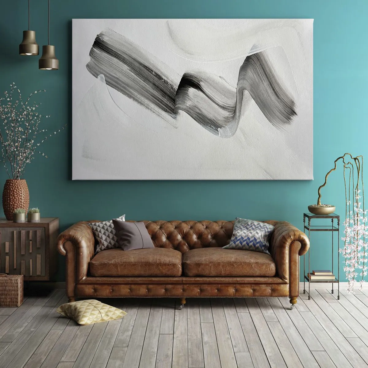 Impression sur toile - Image sur toile - Coup de pinceau abstrait noir et blanc sur fond clair - 70x50cm - Mine de rien pour s'amuser - Décoration murale moderne pour le salon et la chambre ARTTOR