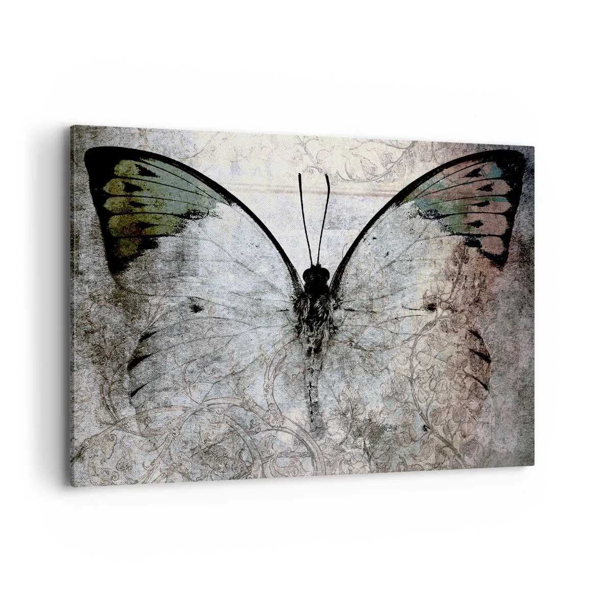 Impression sur toile - Image sur toile - Un papillon dans les tons de vert et de gris sur un fond décoratif - 120x80cm - Dans le style Art Nouveau - Décoration murale moderne pour le salon et la chambre ARTTOR