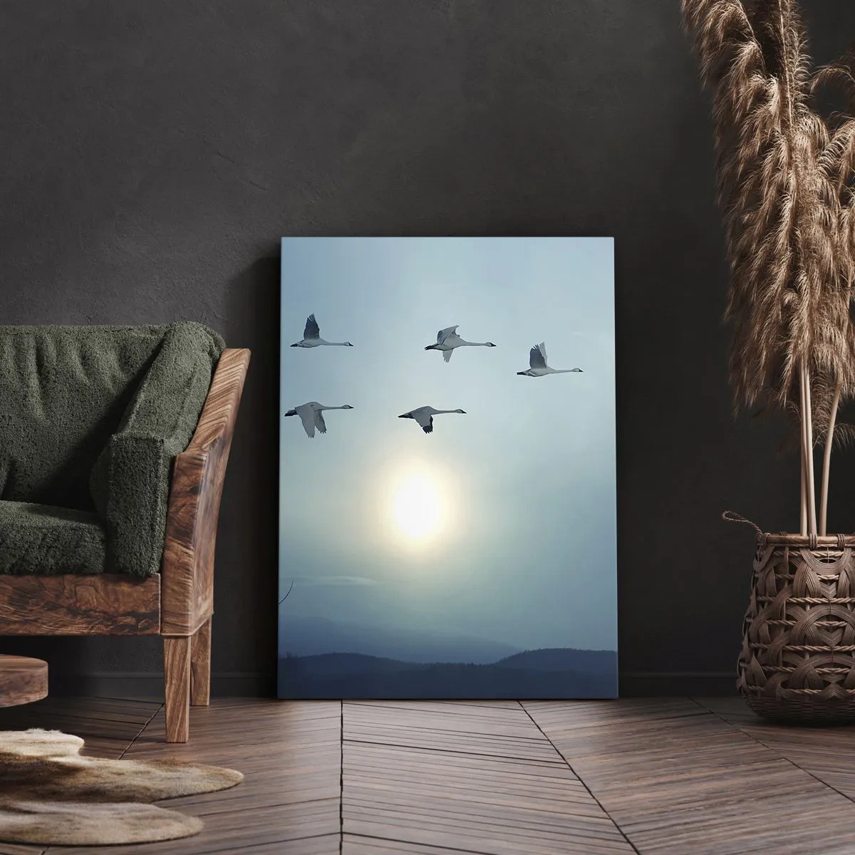 Impression sur toile - Image sur toile - Cygnes volants le matin - 80x120cm - Dis au revoir à l'été pour un an - Décoration murale moderne pour le salon et la chambre ARTTOR