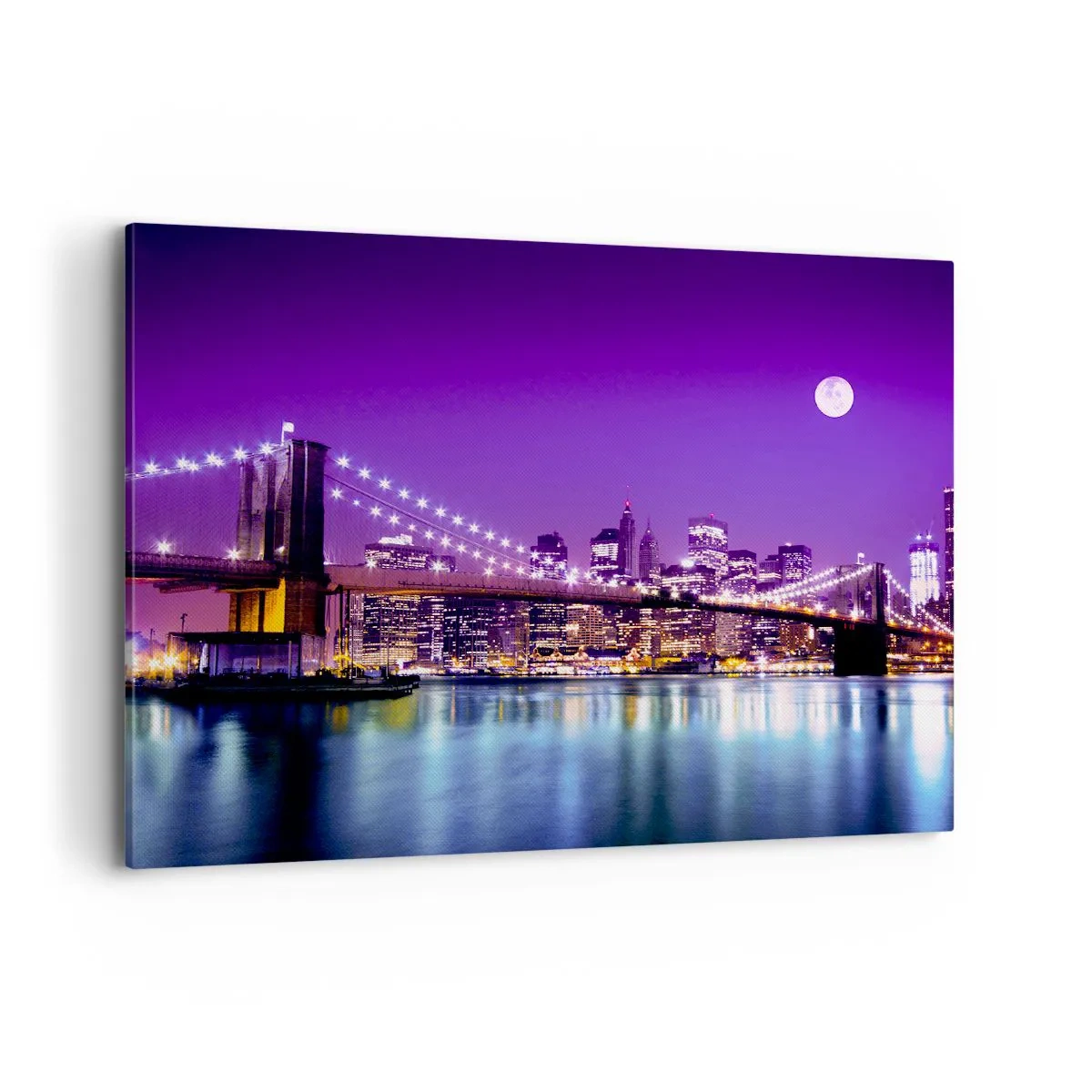 Impression sur toile - Image sur toile - Pont de Brooklyn la nuit avec la ville illuminée et la pleine lune - 100x70cm - Lumières de grande ville en violet - Décoration murale moderne pour le salon et la chambre ARTTOR