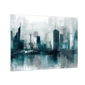 Impression sur verre - Image sur verre - Une ville moderne aux tons bleus et gris - 70x50cm - Une ville couleur de pluie - Décoration murale moderne pour le salon et la chambre ARTTOR