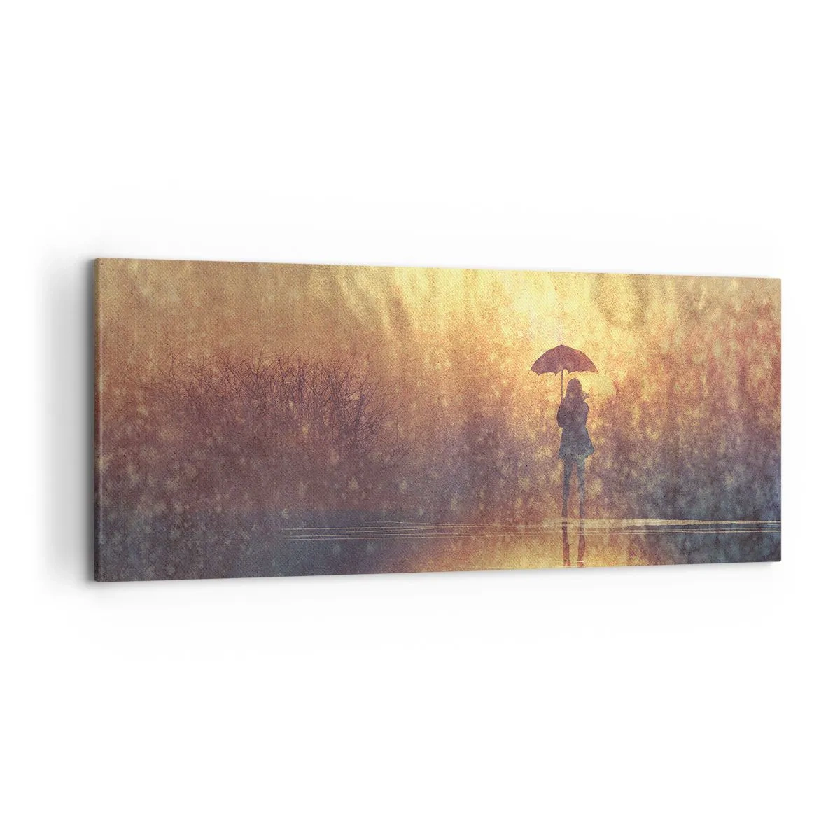Impression sur toile - Image sur toile - Une silhouette avec un parapluie dans un paysage brumeux plein de reflets - 120x50cm - Je sens que quelqu'un me regarde - Décoration murale moderne pour le salon et la chambre ARTTOR