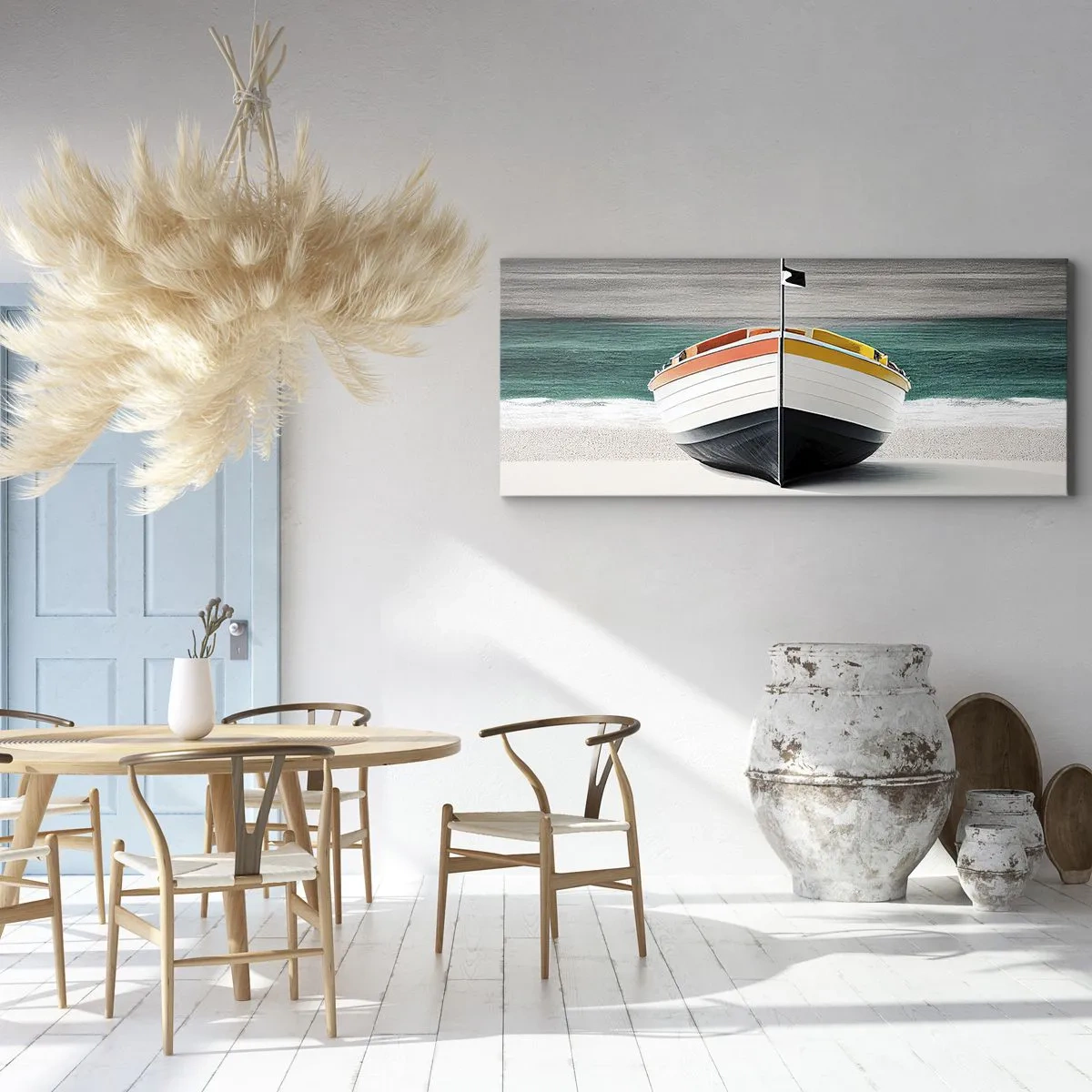 Impression sur toile - Image sur toile - Un bateau sur la plage avec une mer turquoise en arrière-plan - 140x50cm - A sa place - Décoration murale moderne pour le salon et la chambre ARTTOR