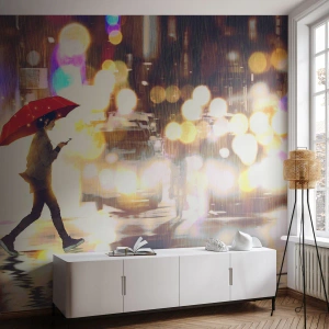 Papier Peint Autocollant Deluxe Sticker - Et pourtant ensoleillé - Ville, Marcher sous la pluie, Parapluie - 100x70 cm