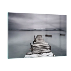 Impression sur verre - Image sur verre - Une jetée en bois sur un lac par temps brumeux - 120x80cm - Tu peux partir demain - Décoration murale moderne pour le salon et la chambre ARTTOR