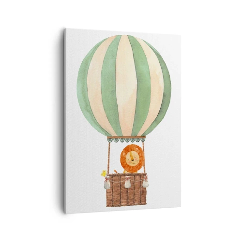 Impression sur toile - Image sur toile - Un ballon avec un lion souriant dans un panier aux couleurs pastel - 50x70cm - Les voyages de Léon - Décoration murale moderne pour le salon et la chambre ARTTOR