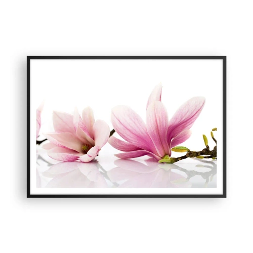 Affiche dans un cadre noir - Poster - Magnolias roses délicats sur fond blanc - 100x70cm - Délicat comme une brise de printemps - Décoration murale moderne pour le salon et la chambre ARTTOR