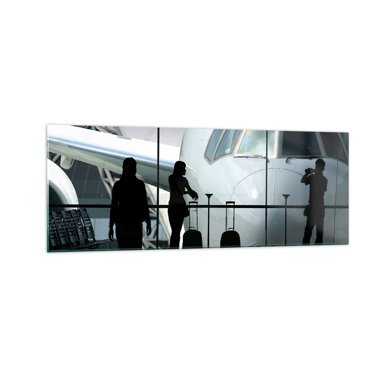 Impression sur verre - Image sur verre - Aéroport avec des silhouettes de personnes et une vue de l'avion - 140x50cm - Vis-à-vis de l'aéroport - Décoration murale moderne pour le salon et la chambre ARTTOR